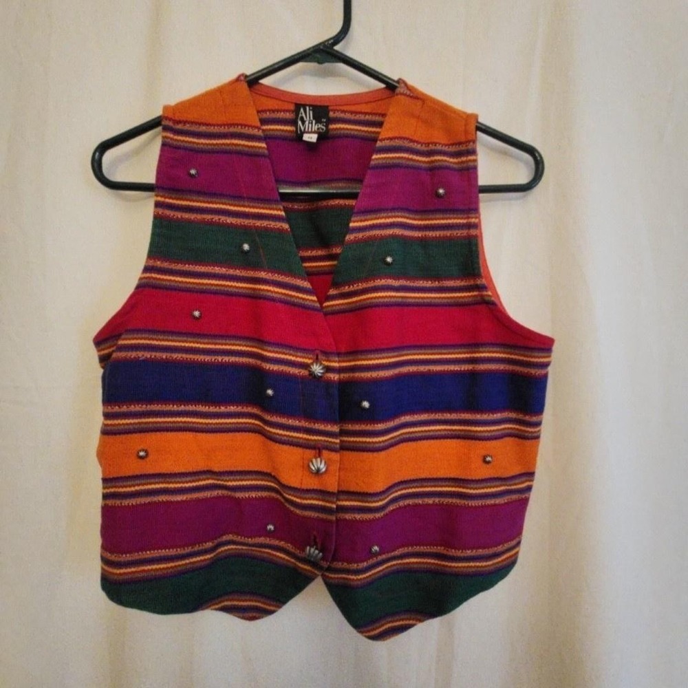 Ali Miles Vest Womens 8 Multicolor Striped Studded Button Front Woven Boho